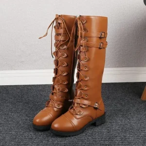 Sienna | Retro Läderstövlar Med Snörning Och Spänne
