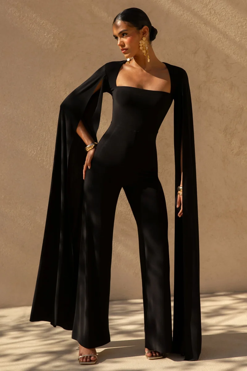 Zara | Svart byxdress med fyrkantig halsringning och capeärm - Bild 7